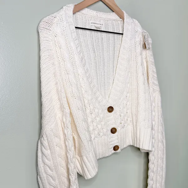 NWT Aeropostale Oversized Cable Knit Cropped V Neck Cardigan Sweater Cream XL - Image 6