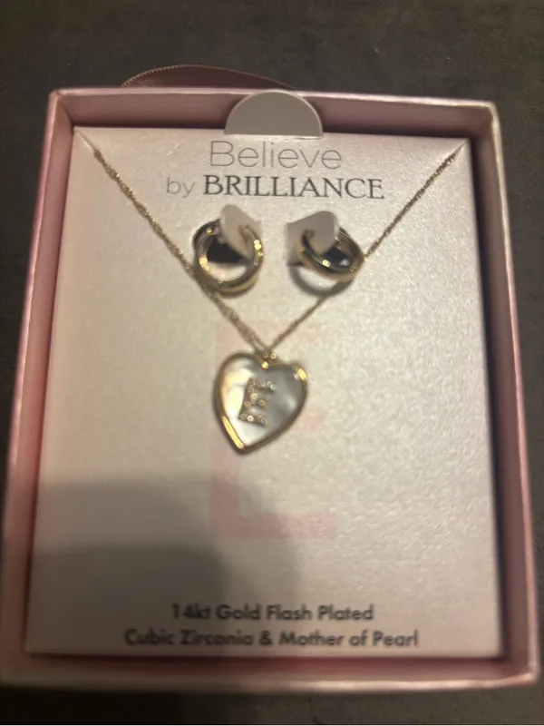 Believe by Brilliance 14k Gold Flash Plated CZ Necklace and Earrings set, “E” - Image 3
