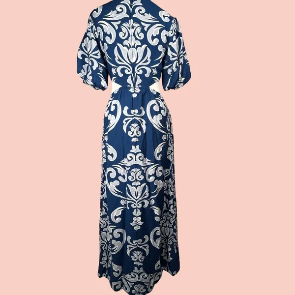 Abercrombie & Fitch Dress XS Blue Waist Cutout Damask Puff Sleeve Maxi Midi Boho - Image 4