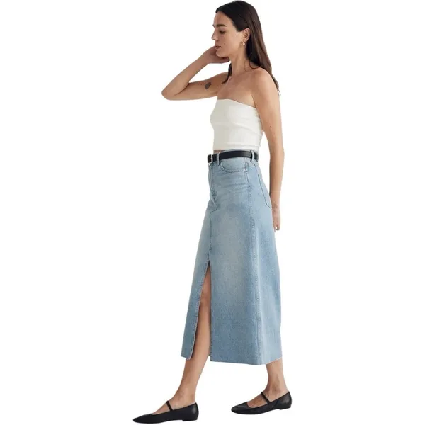 Madewell Denim Midi Jean Skirt Front Slit‎ Light Wash Size 26 - Image 3