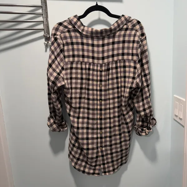 Pistola Plaid Button Down Shirt Black‎ Tan Medium Oversized Cozy Casual Boho - Image 4
