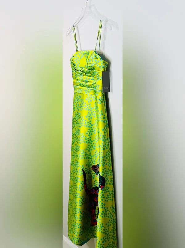 Theia Lime Green Spotted Puppy Dog Satin Formal Strapless Gown Dress - Image 4