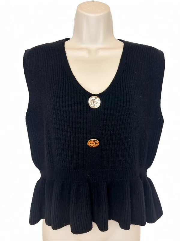 Commence Black Ribbed Knit Peplum Vest Top Size M Gold Buttons Sleeveless - Image 2