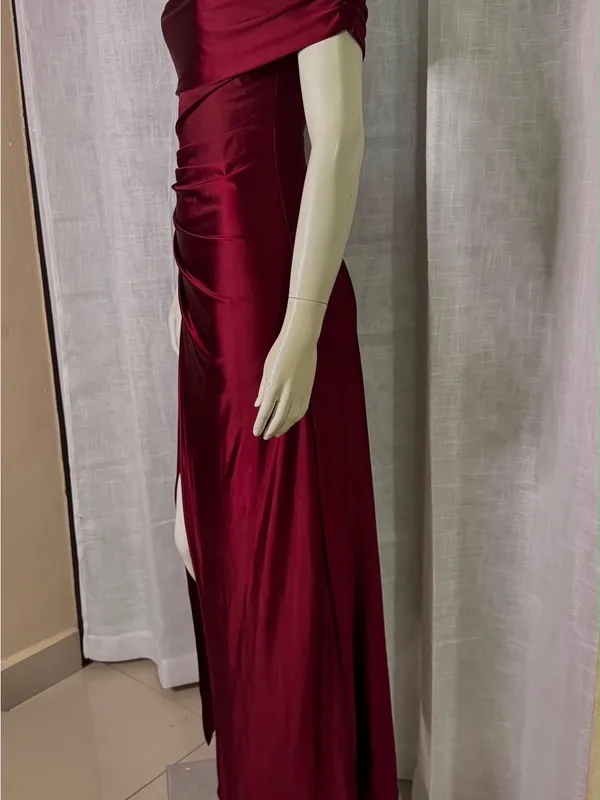 Off Shoulder Satin Maxi Dress Burgundy Pleated Ruched Front Slit Gown S - Image 3