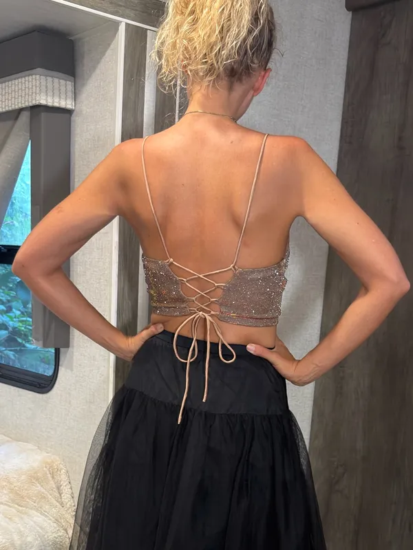 Lulus Sparkly Cropped V Neck Lace Up Back In Bronze Gold Size Small - Image 2