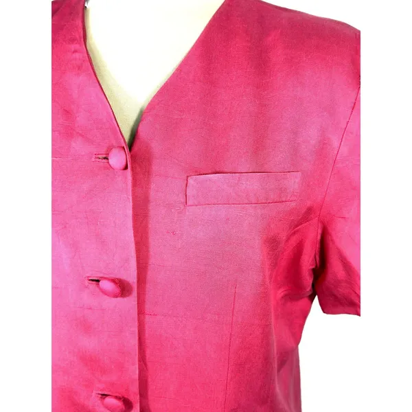 Vintage Marianna Womens 12 Hot Pink 100% Silk Short Sleeve Blazer Jacket 90s - Image 2