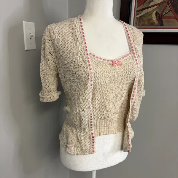 Vintage Style Crochet Knit Cardigan and Camisole Set Beige Pink Ribbon Trim - Image 2