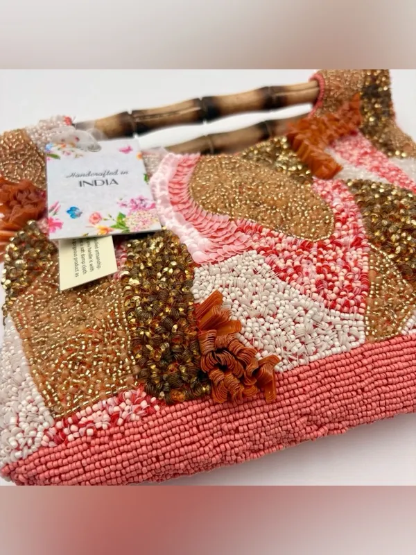 Handcrafted India Beaded Sequin Bamboo Handle Handbag Pink Coral Gold NEW - Image 2