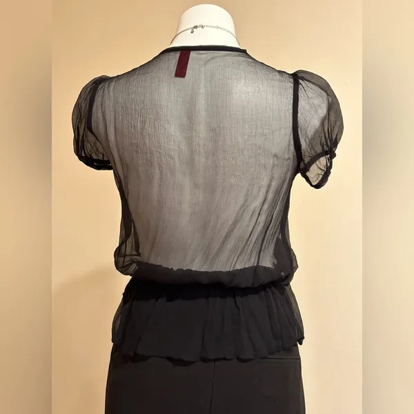 Buttons Just In Time Black Sheer Blouse With Ballon Short Sleeves With Jewel SZ - Image 4