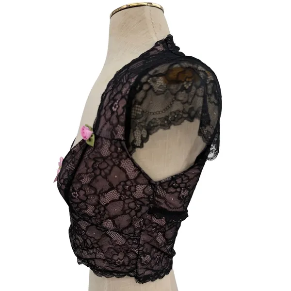 Sugar Thrillz Dolls Kill Lace Crop Top Black Pink Bow Sheer Floral NWT Medium - Image 5