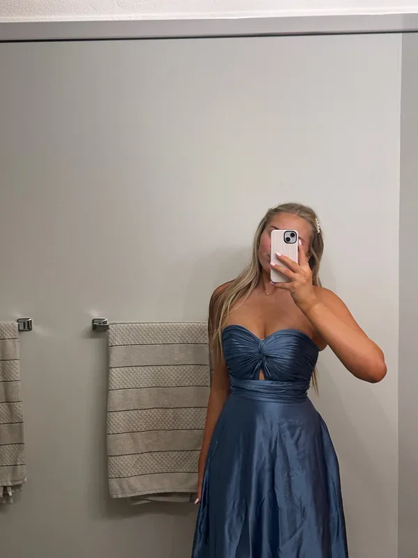 Blue satin strapless dress Size 6 - Image 2