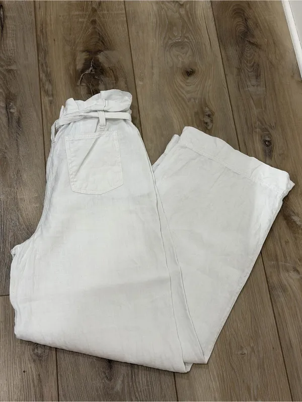 White High-Rise Tie-Waist Wide-Leg Linen Pants - Image 5
