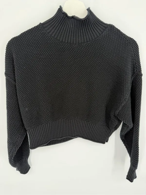 FP Beach Free People Hailee Cropped Mock Neck Sweater Chunky Knit Black Size XS - Image 4