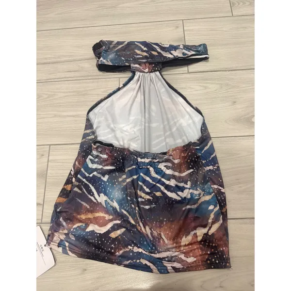 Dead Myself Abstract Tiger Galaxy Print Halter Top Sequin Trim Open Back NWT - Image 4