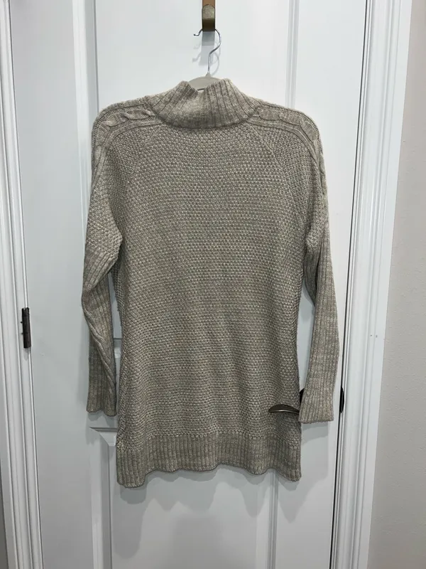 Venus Women’s Med Beige Cable Knit Faux Leather Trim Full Zip Cardigan Sweater - Image 2