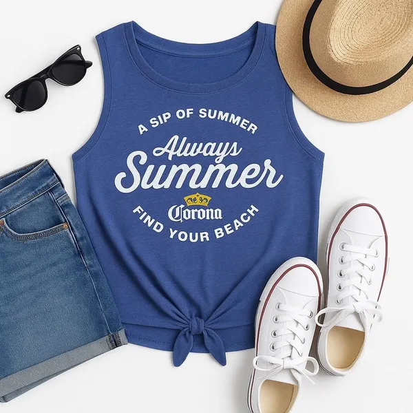 Corona "Always Summer" Sleeveless Tie-Front Tank Top | XL Blue Graphic Tee - Image 3