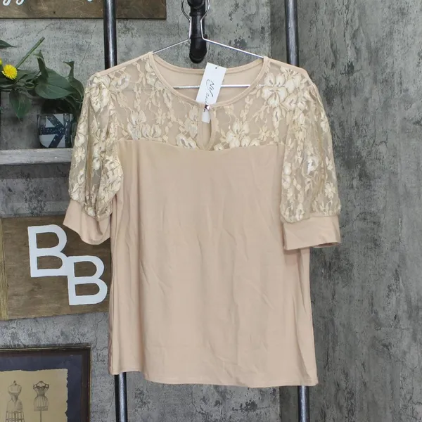 NWT Ny Collection Petites Keyhole Lace Trim Blouse Shirt Top Doeskin Brown PL - Image 3