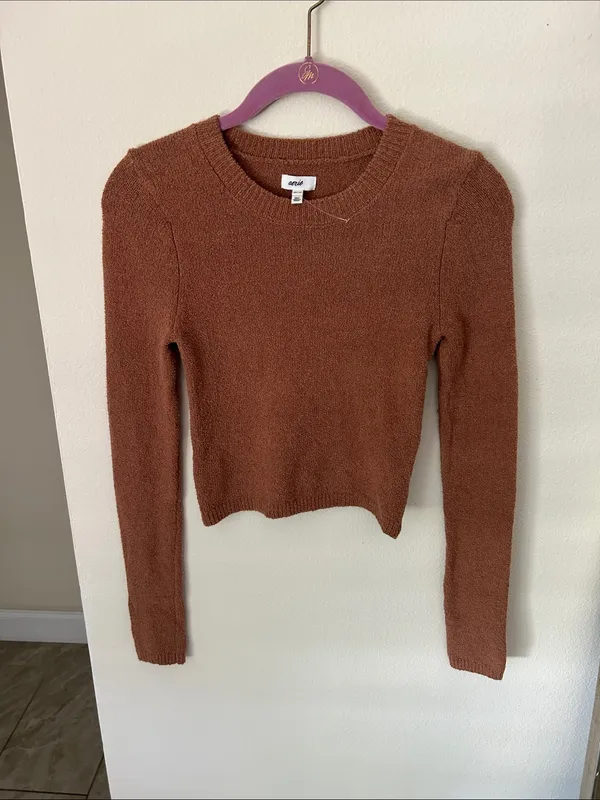 Aerie tan textured open back sweater long sleeve crop top XS cotton - Image 2