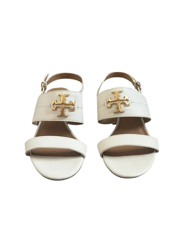 Tory Burch Women’s Eleanor White Leather Gold Metal Block Heel Sandals Size 9.5 - Image 4