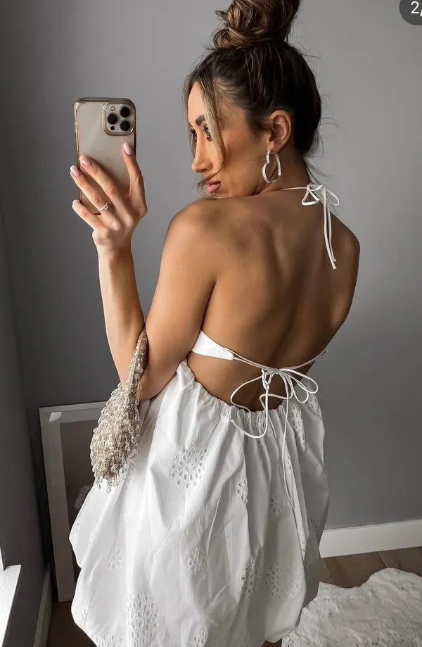 dress mini crochet balloon embroidered white boho vacation casual summer - Image 4