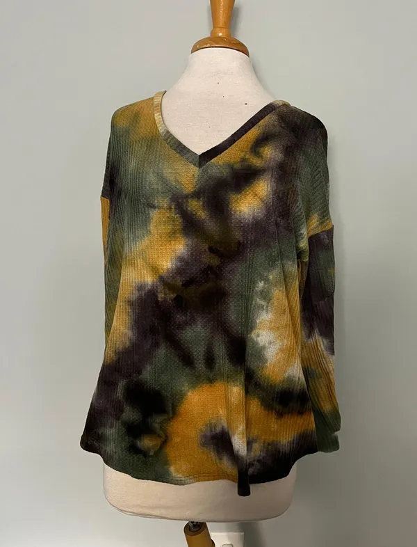 BiBi Black Yellow Green Tie Dye Waffle Knit Shirt - Image 2