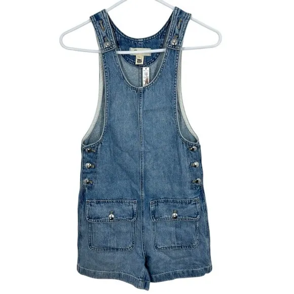 Madewell Scoopneck‎ Denim Shortalls Chambray Blue XXS Button Front Patch Pockets - Image 3