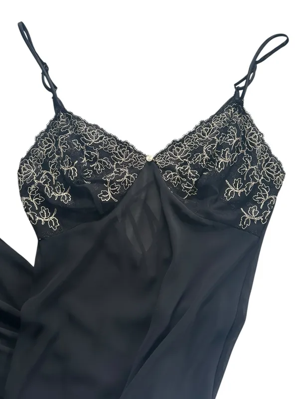 80s Sheer Chiffon Lace Slip Dress Midi Lingerie Sz M Romantic Soft Goth Coquette - Image 3