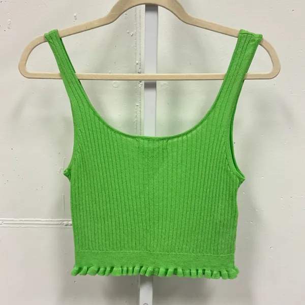 Mango MNG Lime Green Ribbed Knit Ruffle Hem Crop Tank Top Scoop‎ Neck Large - Image 2