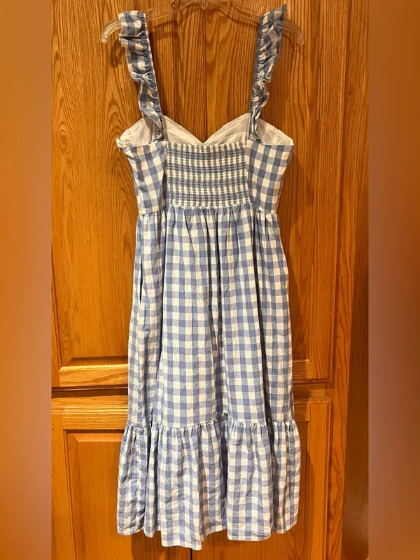 English Factory Sweetheart Neck Ruffle Gingham Midi Dress Blue White Size Medium - Image 8