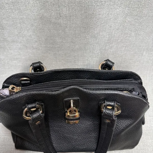 Black Padlock Faux Leather Satchel Handbag Purse Gold Padlock‎ Detail Medium - Image 5