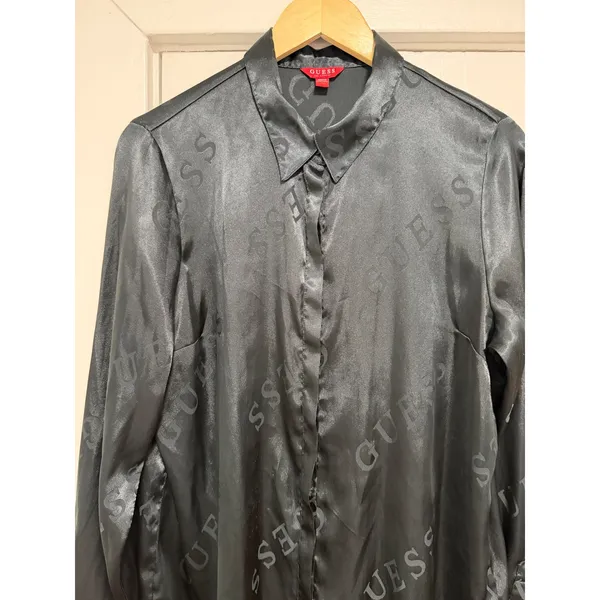Vintage Guess Los Angeles Black Satin Logo Jacquard Button Down Shirt Large - Image 9