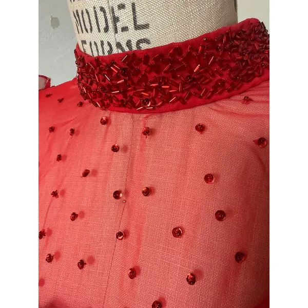 Vintage Red Ruffle & Crystal Embellished Long Sheer Dress Size Small - Image 5