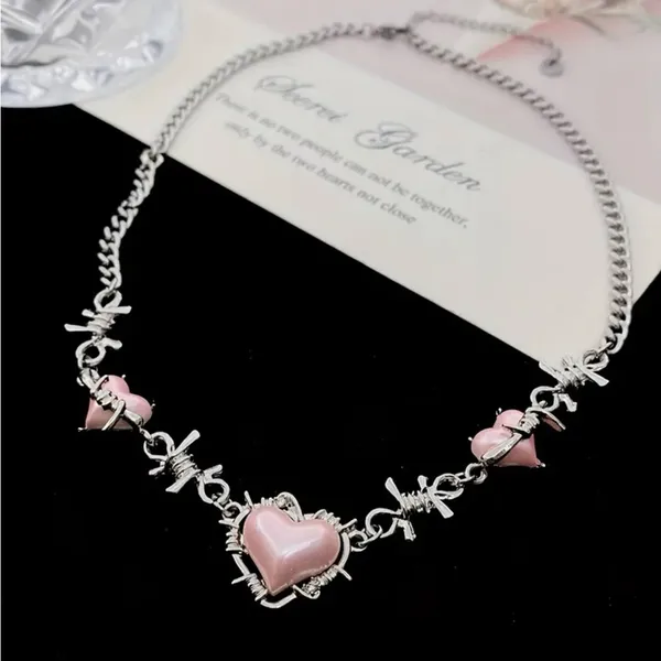 Creative Pink Heart Barbed Wire Silver Plated Choker‎ Length Necklace Soft Goth - Image 9