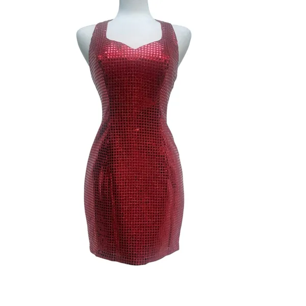 VTG Y2K Sequin Cocktail Mini Dress XS Red Metallic Sweetheart Racerback 90s Glam - Image 3