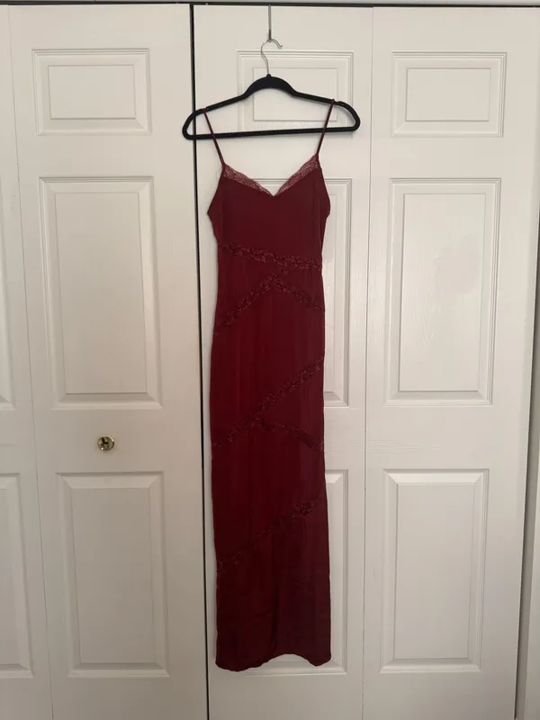 Meshki Deep Wine Red Lace Cutout Satin Effect Maxi Dress - Image 4