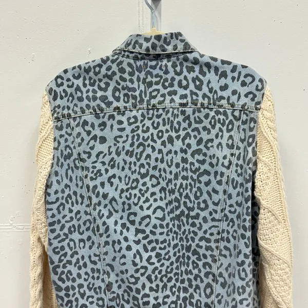 POL Leopard Print Denim Jacket Cable Knit Sleeves Blue Cream Small Oversized - Image 6