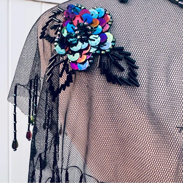 Vintage Beaded Black Mesh Caplet Collar Scarf with Fringe & Sequins - Image 11