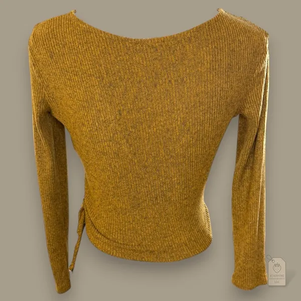 Mustard Ribbed Wrap Sweater Juniors' M | Deep V-Neck Side Tie - Image 4