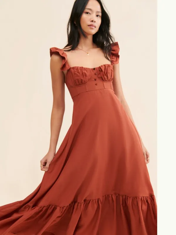 Farm Rio Ruffle-Sleeve Rust Midi Dress - Image 4