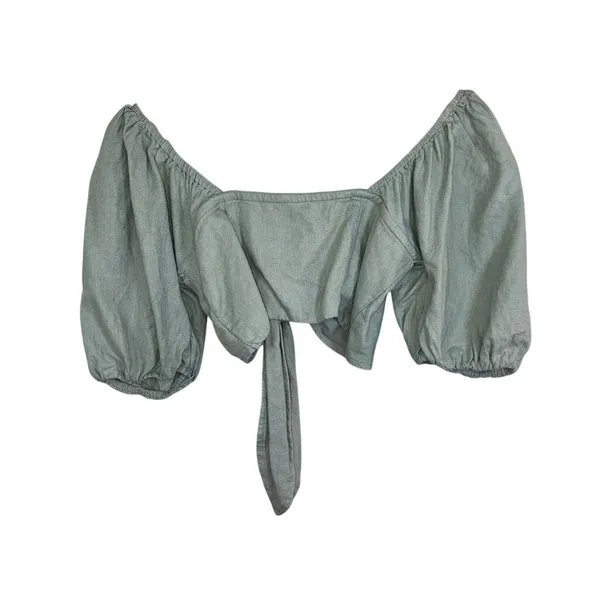 Abercrombie & Fitch Green Linen Tie Front Puff Sleeve Crop Top Womens Size Small - Image 2