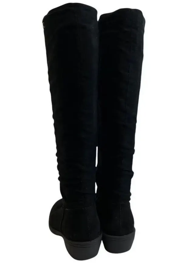 Steve Madden Fia Aven Grunge Black faux suede leather knee-high riding boots MK gold logo #gothic #whimsygoth boho western indie hippie country #harness #campus #riding equestrian festival biker - Image 3