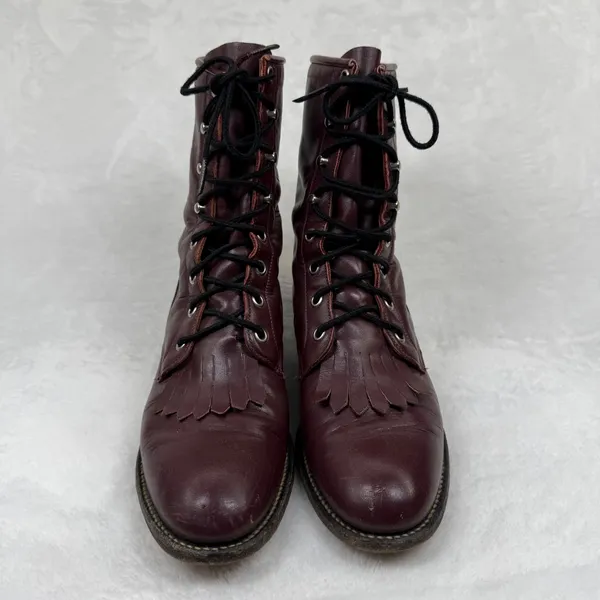 Justin L510 Burgundy Leather Lace Up Roper Boots Kiltie Fringe USA Made‎ 7B - Image 3