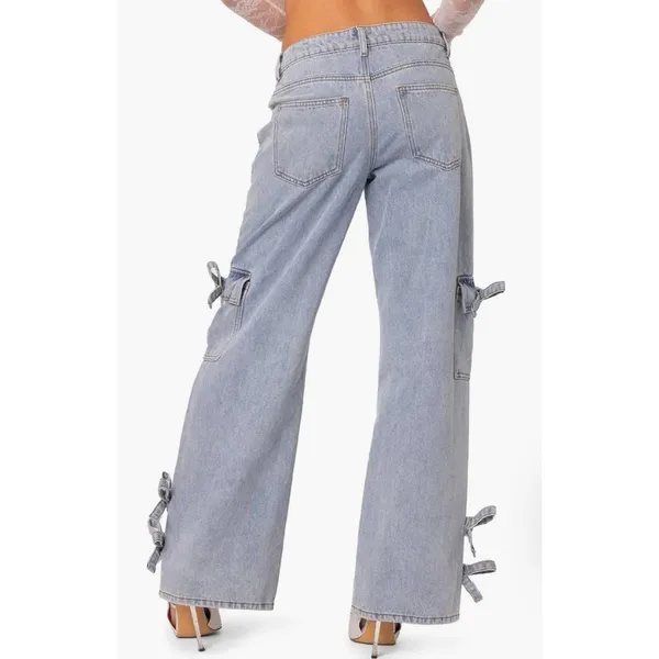 EDIKTED Low Rise Wide Leg Jeans Size Large‎ Bows 4 Days NEW - Image 2