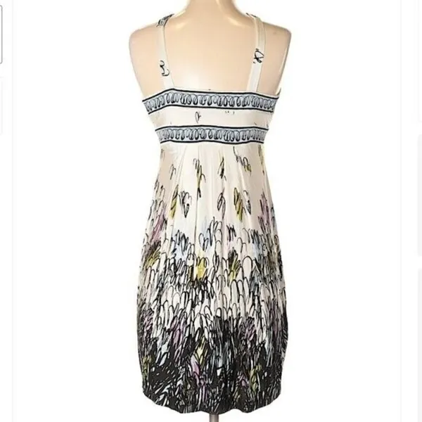 BCBGMAXAZRIA Women's Size XS Halter Sun Dress‎ Cream Blue Floral Surplice Neck - Image 2