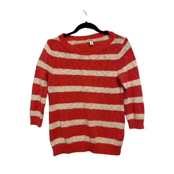 Old Navy Womens Large Coral & Cream‎ Striped Sweater 3/4 Sleeves Cotton/Acrylic - Image 2