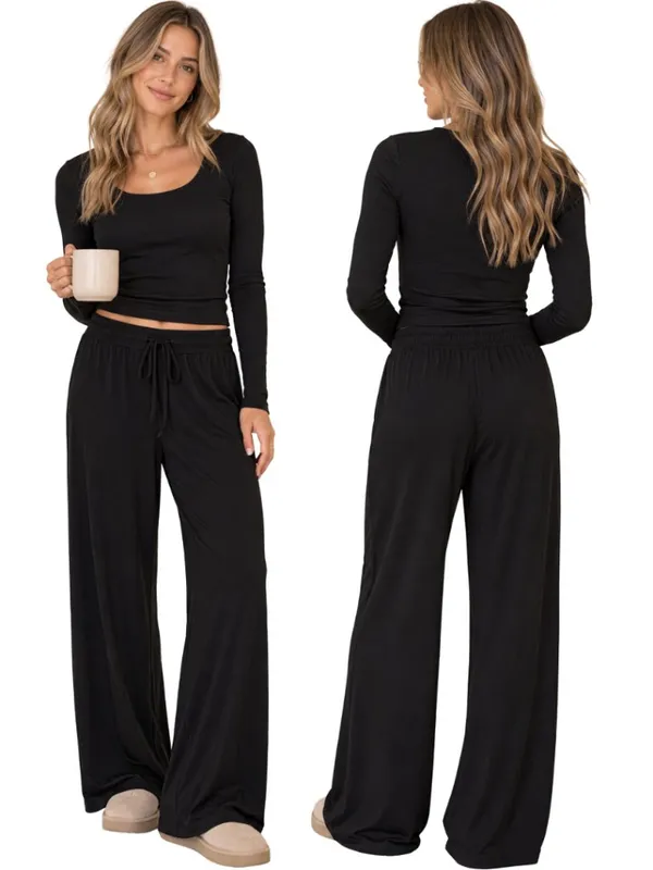 Nuuds Wide Leg Lounge Pants Women's Large Black Loungewear Comfy Relaxation Cozy - Image 2