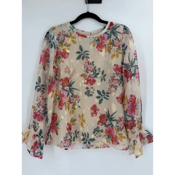 LOFT Floral Blouse Women XS Cream Gold Metallic Shimmer Puff Sleeve Cottagecore - Image 3
