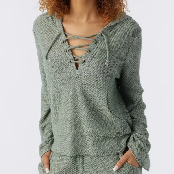 ONeill Tanya Hoodie Sage Green Lace Up Bell Sleeve Hooded Sweater Knit Top M‎ - Image 2