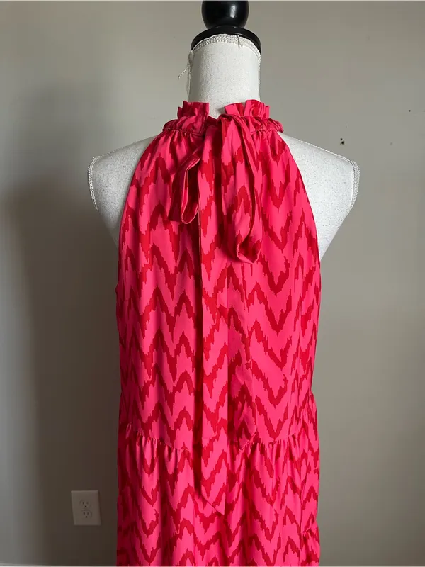 UMGEE | Hot Pink Chevron Print Tiered Halter Maxi Dress Sz S - Image 7
