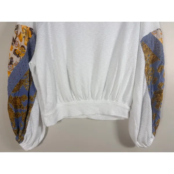 Free People Waffle knit Top XS White Excellent Mixed Media Floral Balloon Sleeve - Image 10